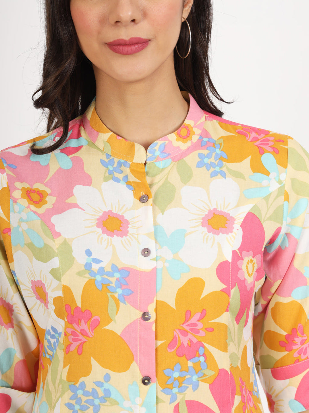 Noe Velarro Yellow Floral Printed Fold Sleeve Rayon Top