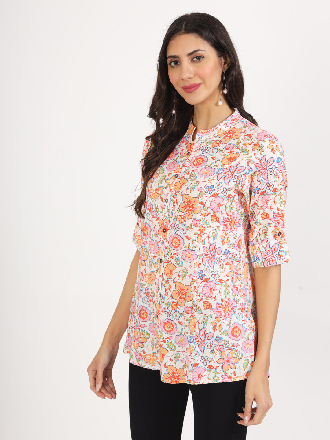 Noe Velarro White Pink Floral Printed Rayon Top