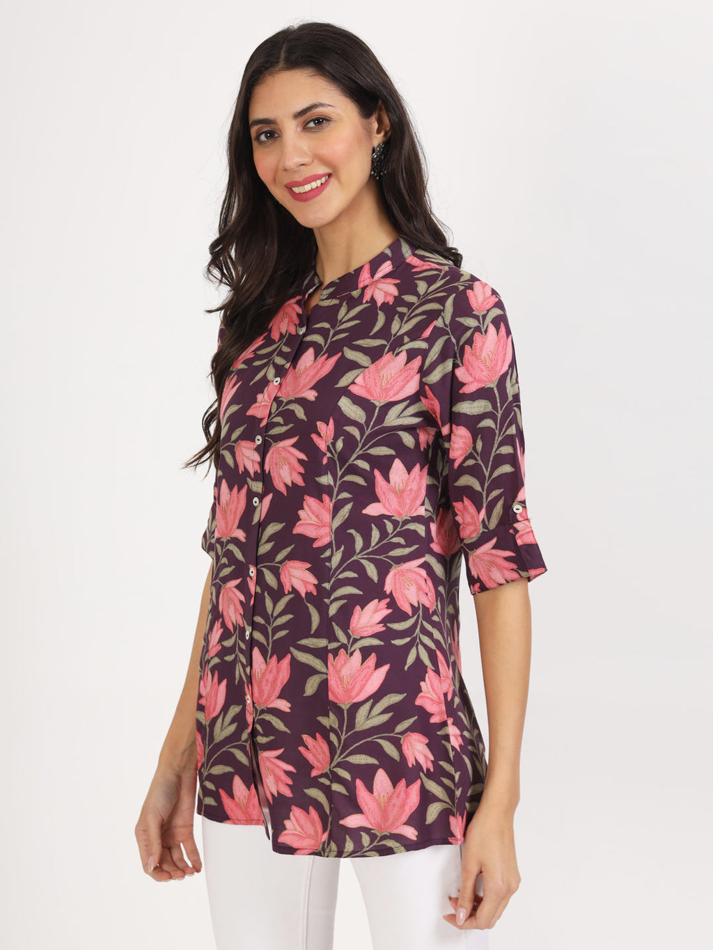 Noe Velarro Purple Floral Printed Rayon Top