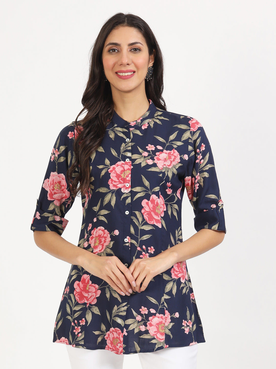 Noe Velarro Navy Blue Floral Printed Rayon Top
