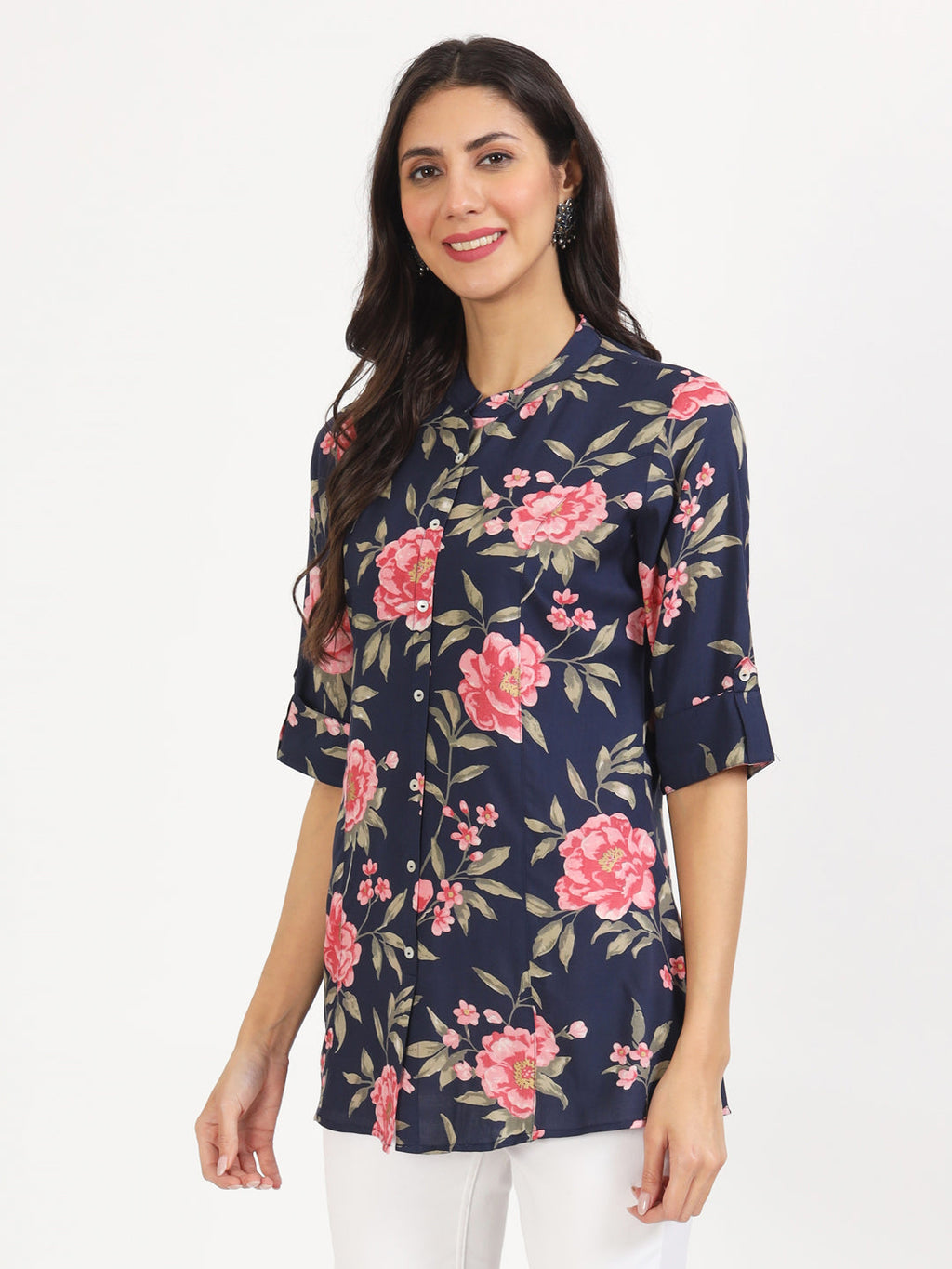 Noe Velarro Navy Blue Floral Printed Rayon Top