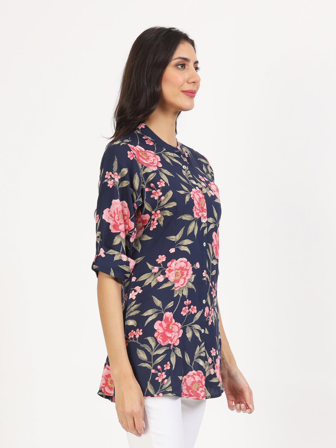 Noe Velarro Navy Blue Floral Printed Rayon Top