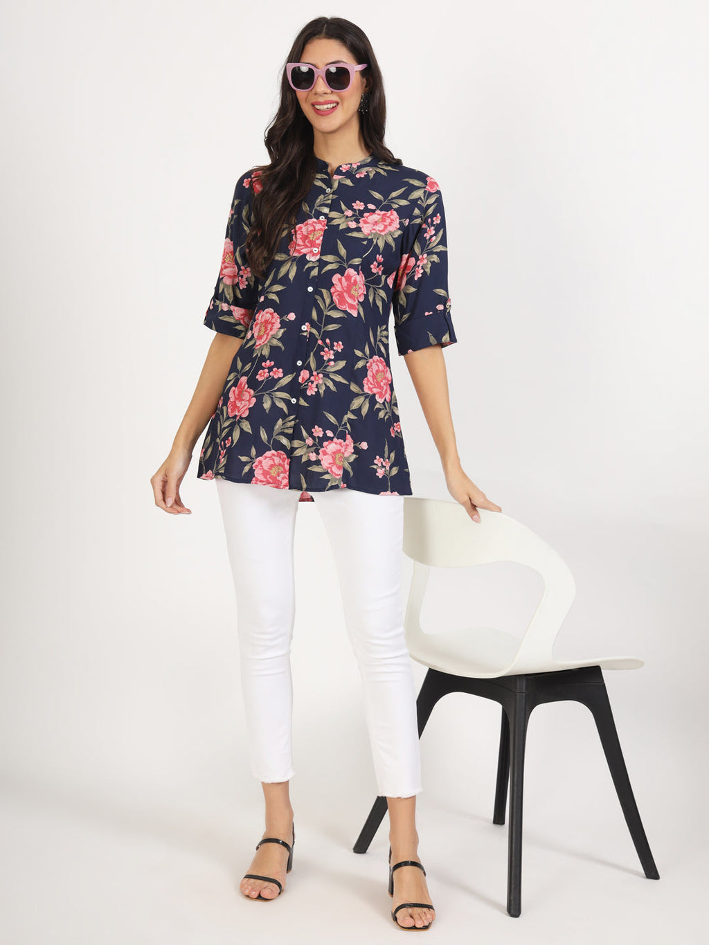 Noe Velarro Navy Blue Floral Printed Rayon Top