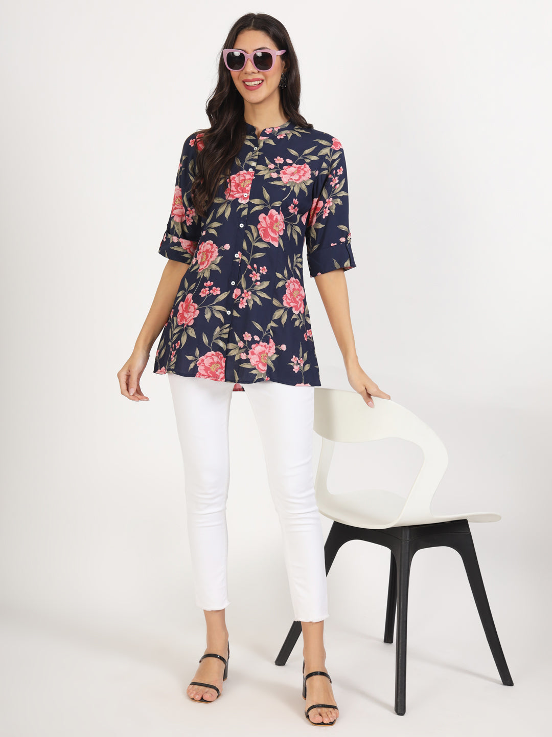 Noe Velarro Navy Blue Floral Printed Rayon Top