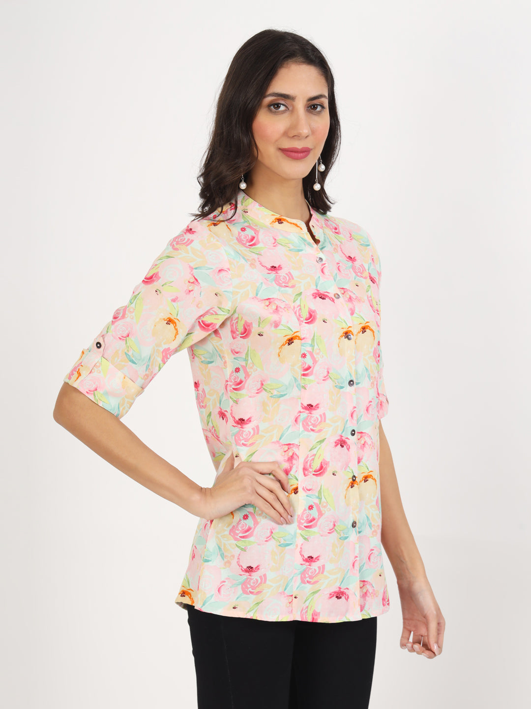 Noe Velarro Green Floral Printed Rayon Top
