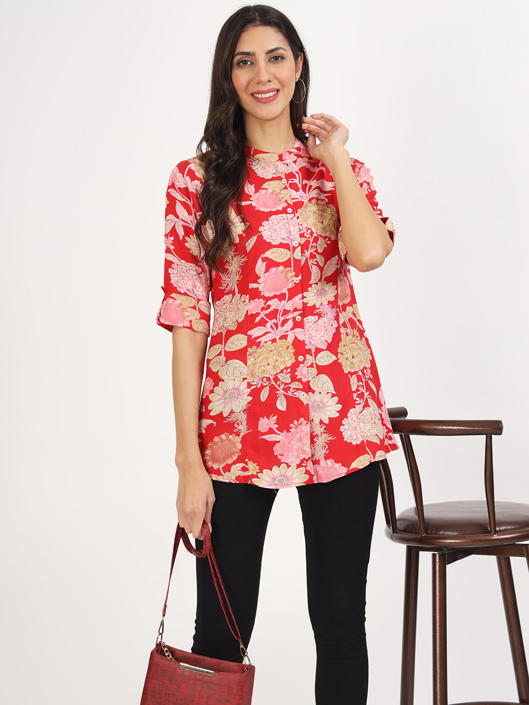 Noe Velarro Red Floral Printed Rayon Top