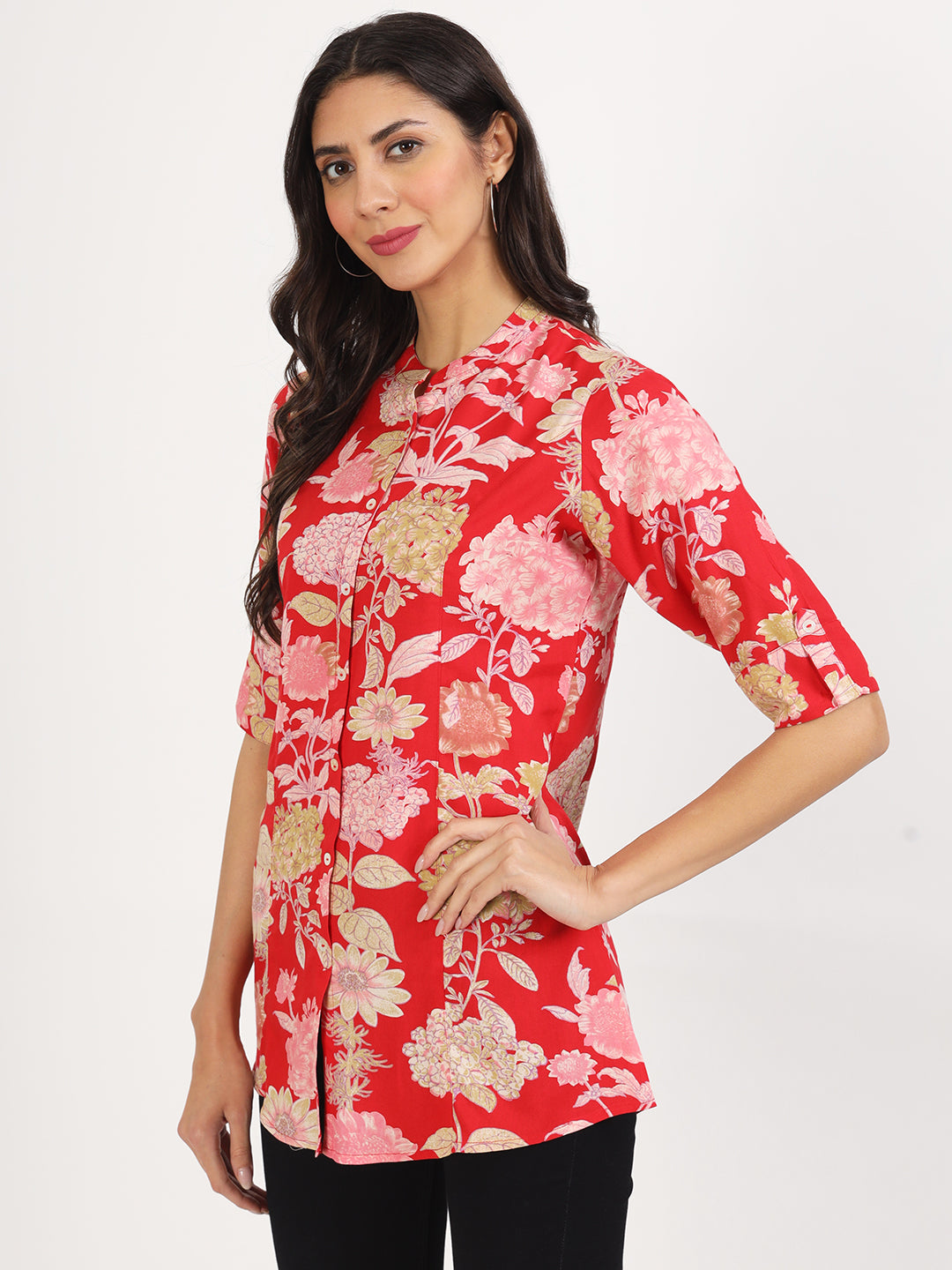 Noe Velarro Red Floral Printed Rayon Top
