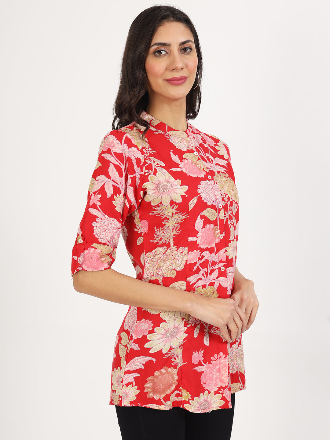 Noe Velarro Red Floral Printed Rayon Top