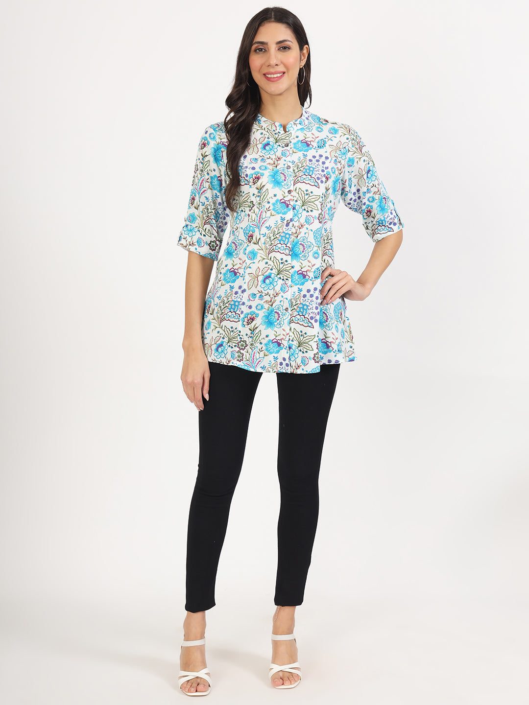 Noe Velarro White Floral Printed Rayon Top