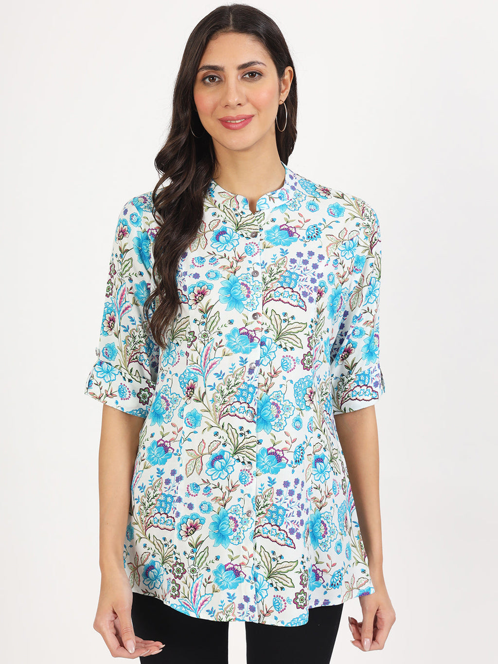 Noe Velarro White Floral Printed Rayon Top