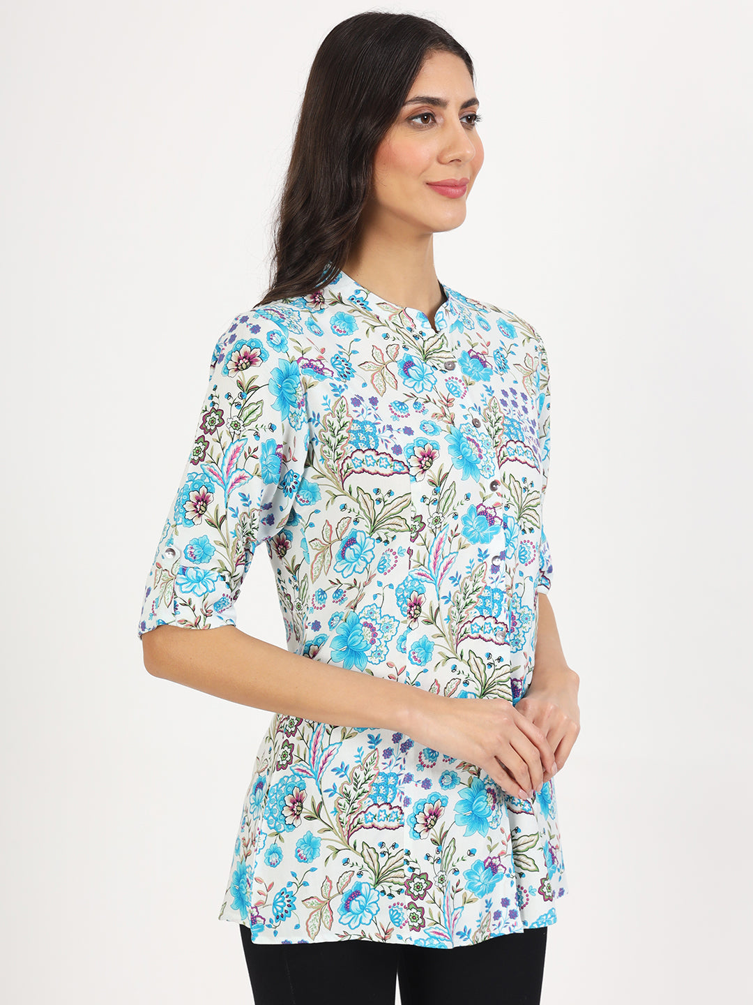 Noe Velarro White Floral Printed Rayon Top