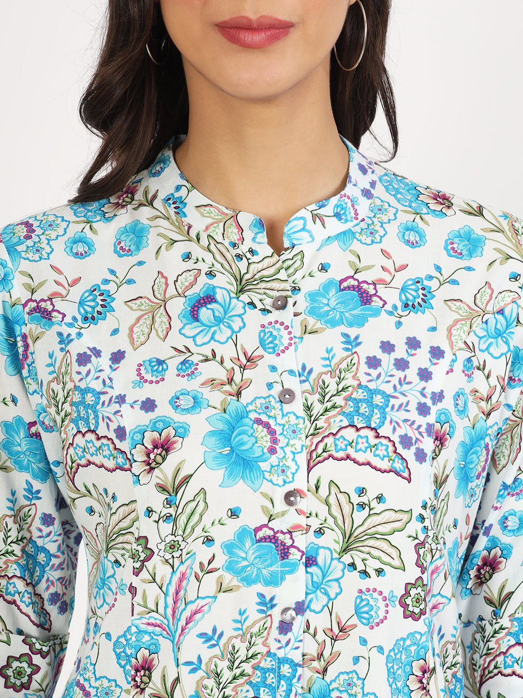 Noe Velarro White Floral Printed Rayon Top