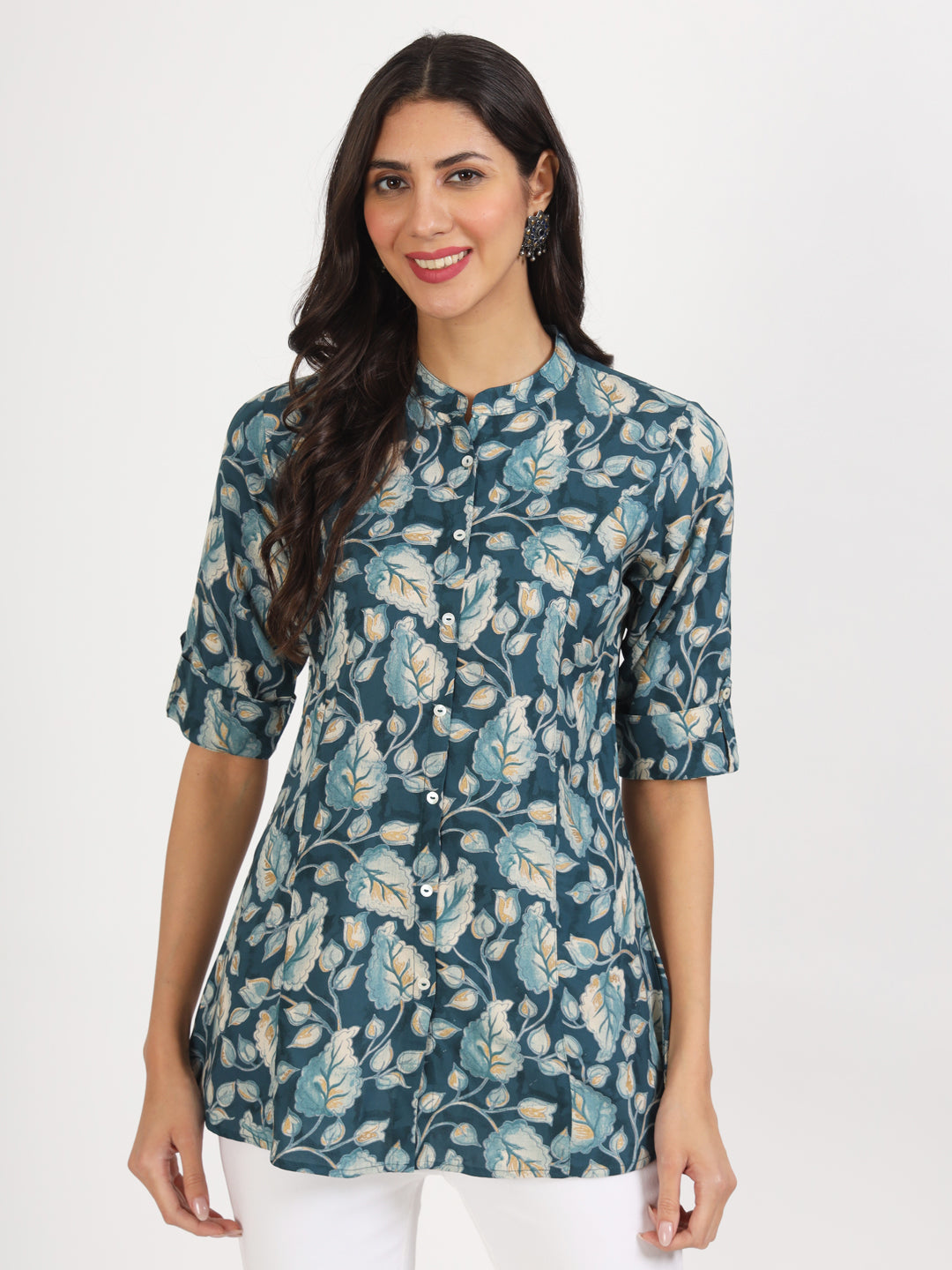 Noe Velarro Bottle Green Floral Printed Rayon Top