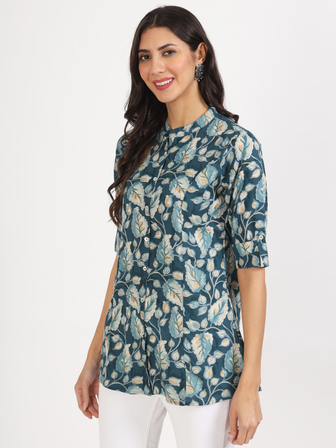 Noe Velarro Bottle Green Floral Printed Rayon Top