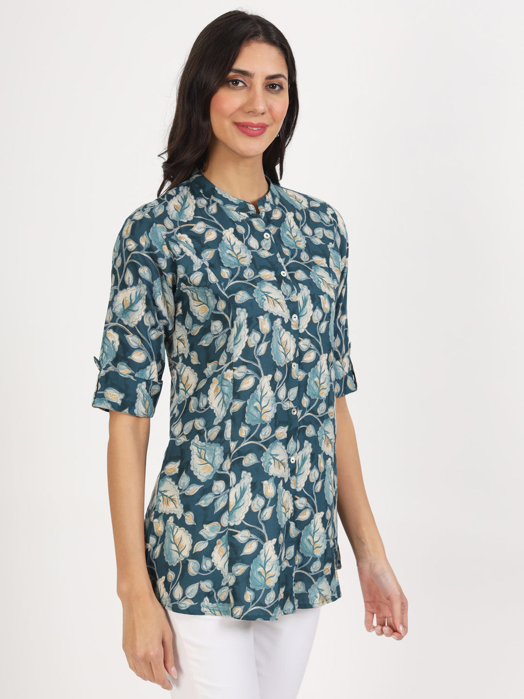 Noe Velarro Bottle Green Floral Printed Rayon Top