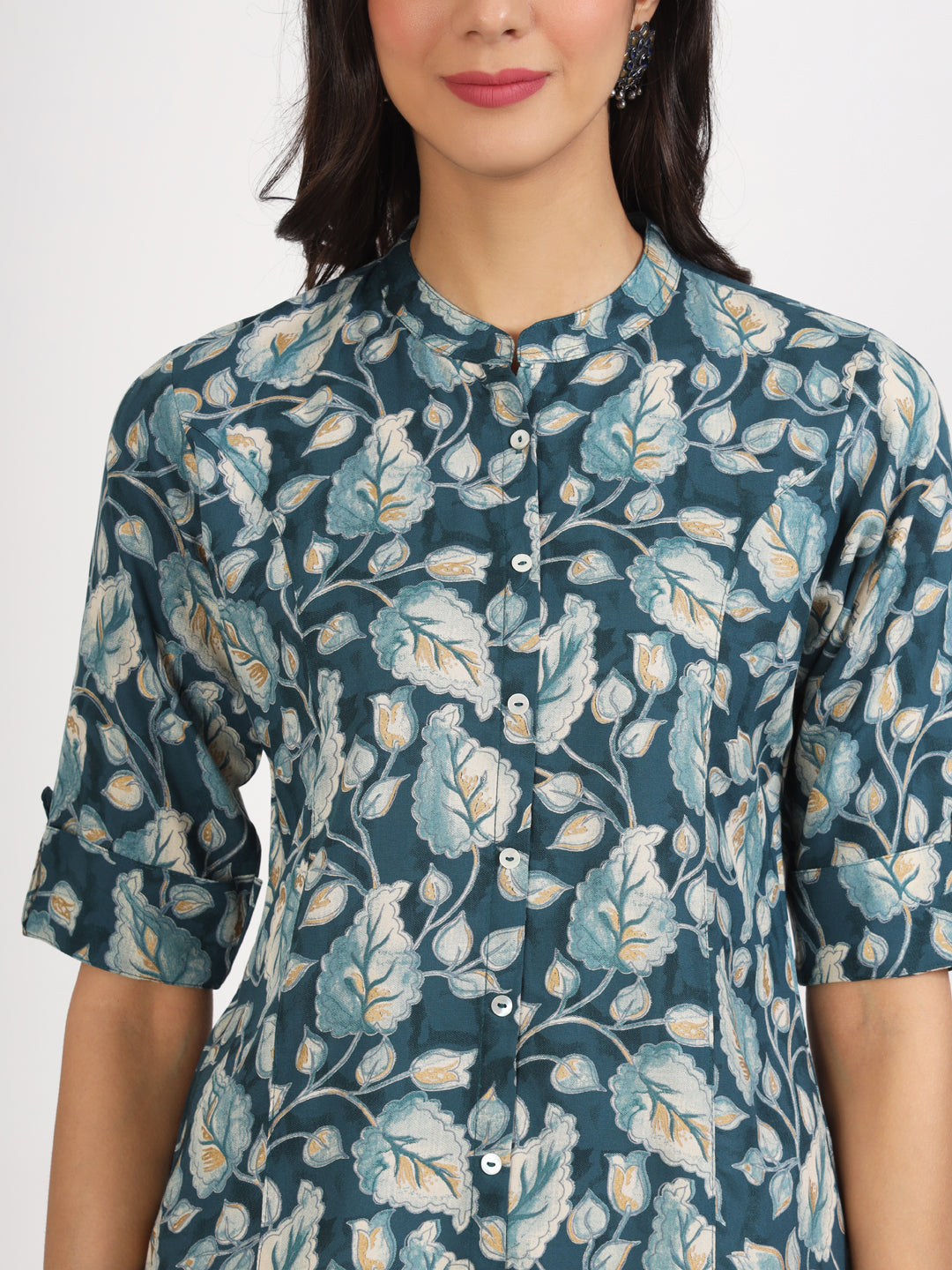 Noe Velarro Bottle Green Floral Printed Rayon Top