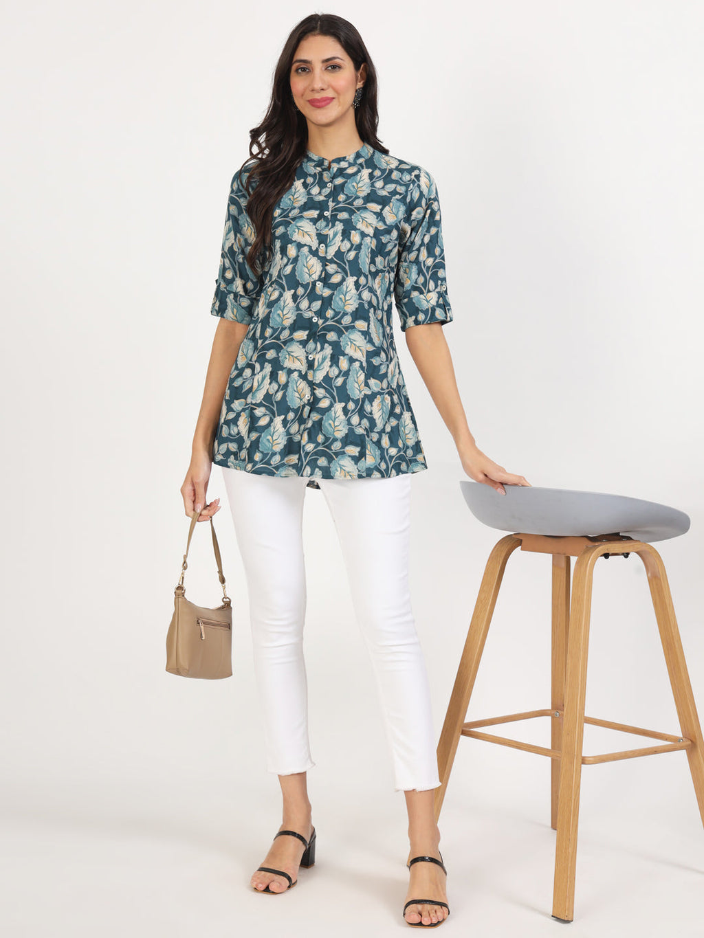 Noe Velarro Bottle Green Floral Printed Rayon Top