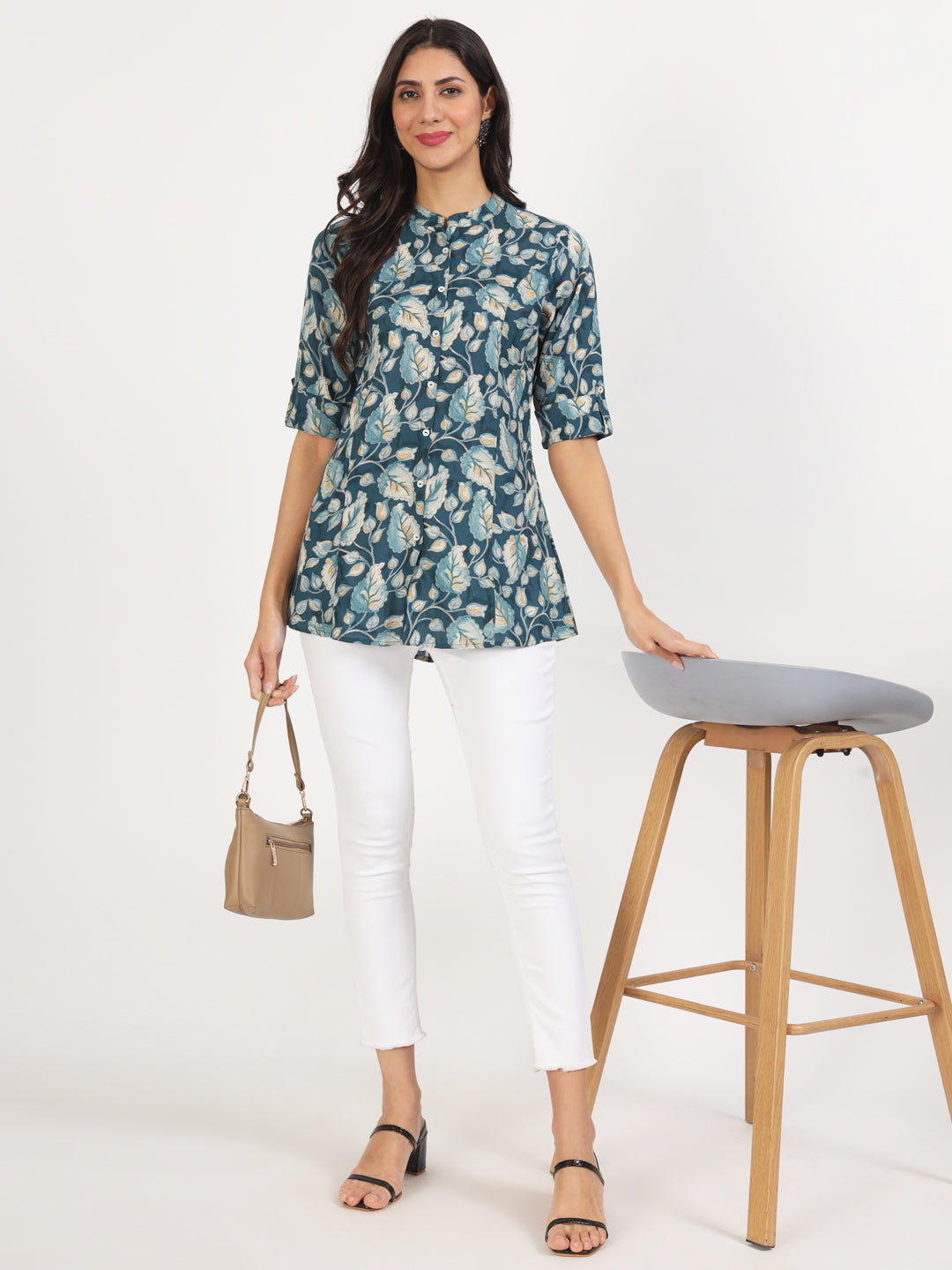 Noe Velarro Bottle Green Floral Printed Rayon Top