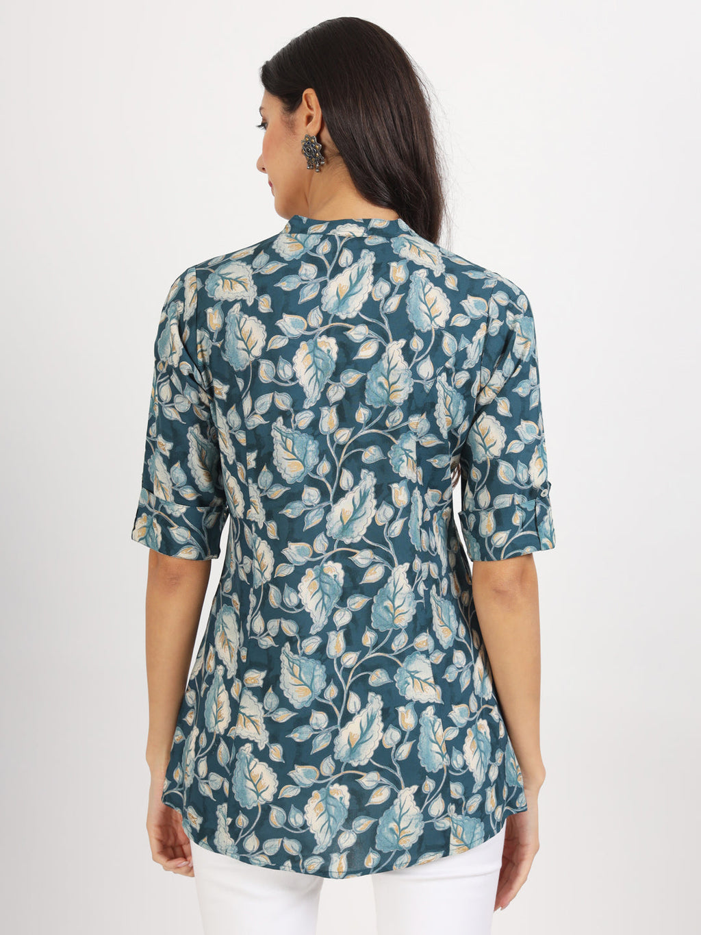Noe Velarro Bottle Green Floral Printed Rayon Top