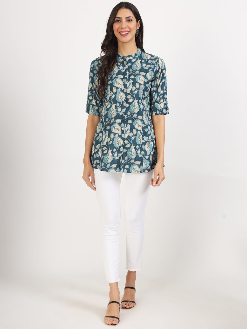 Noe Velarro Bottle Green Floral Printed Rayon Top