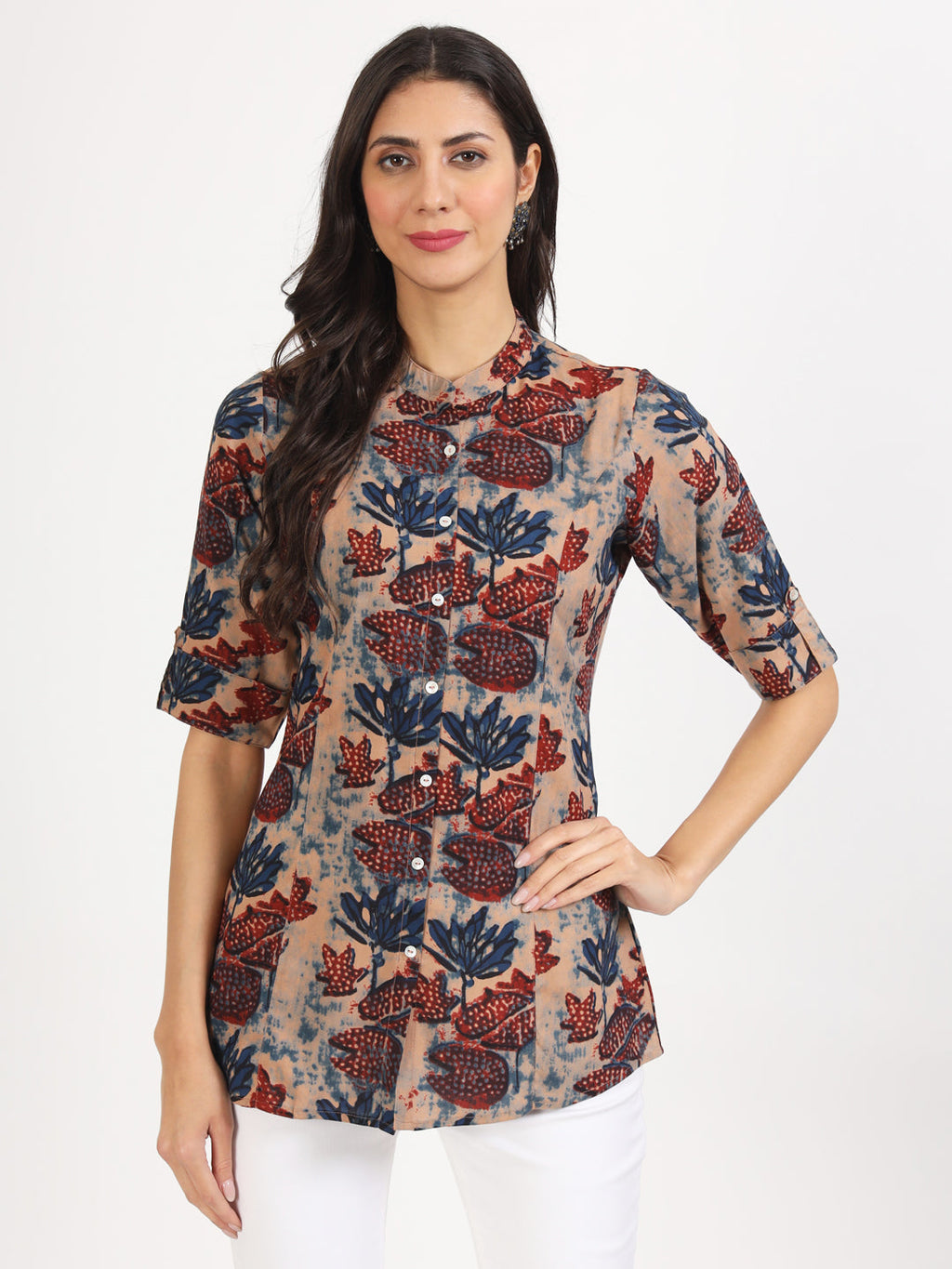 Noe Velarro Beige Multi Floral Printed Rayon Top