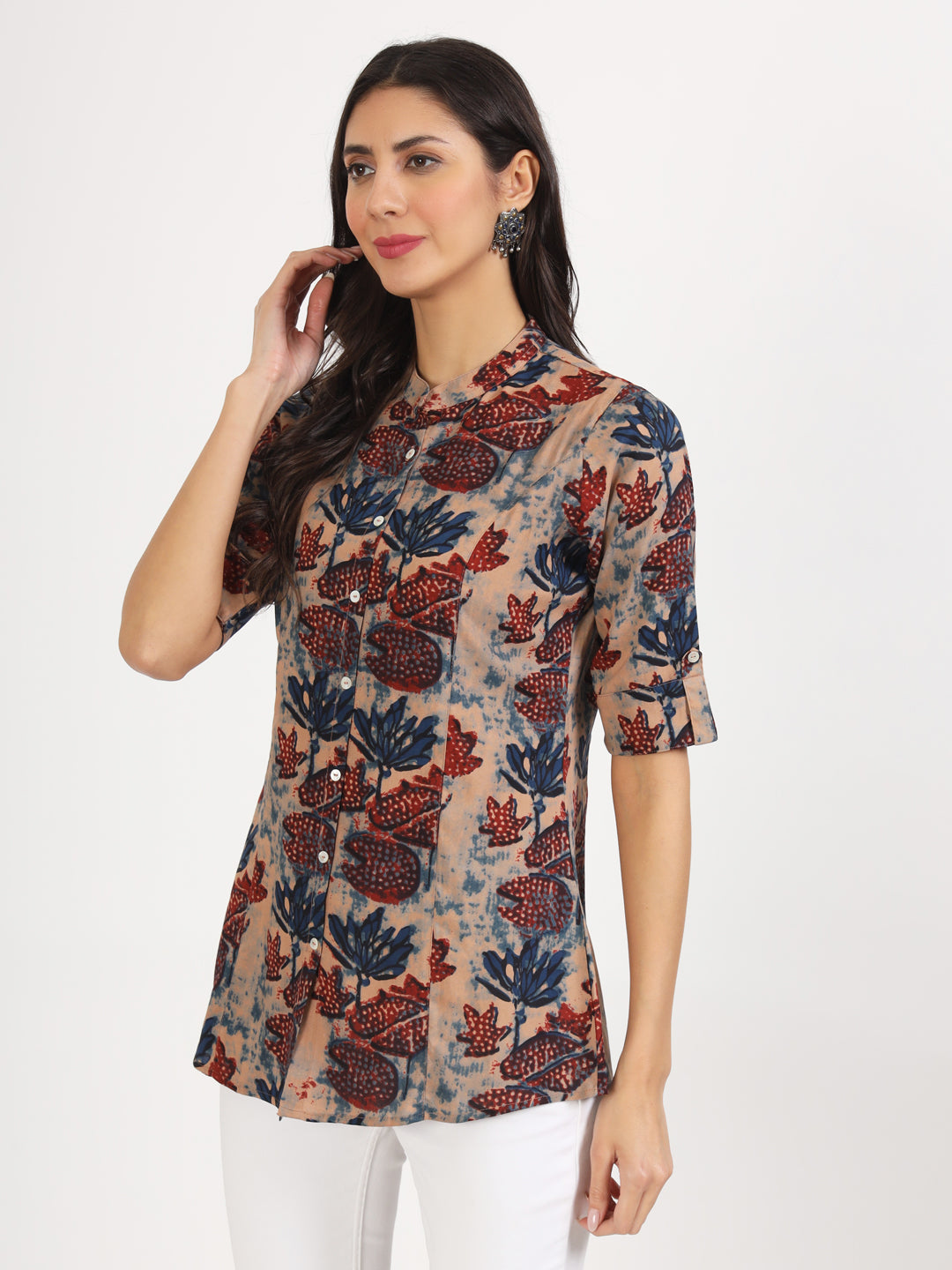 Noe Velarro Beige Multi Floral Printed Rayon Top