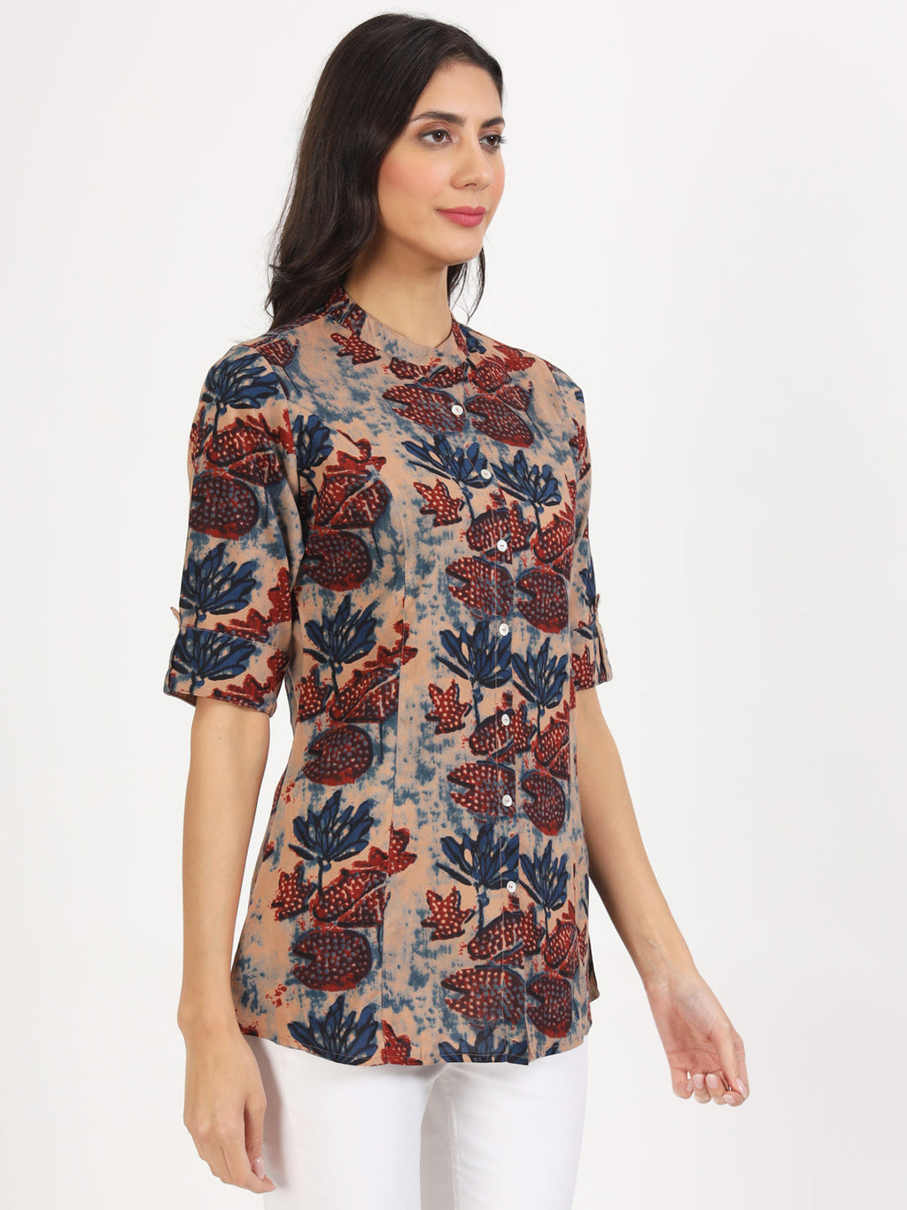 Noe Velarro Beige Multi Floral Printed Rayon Top