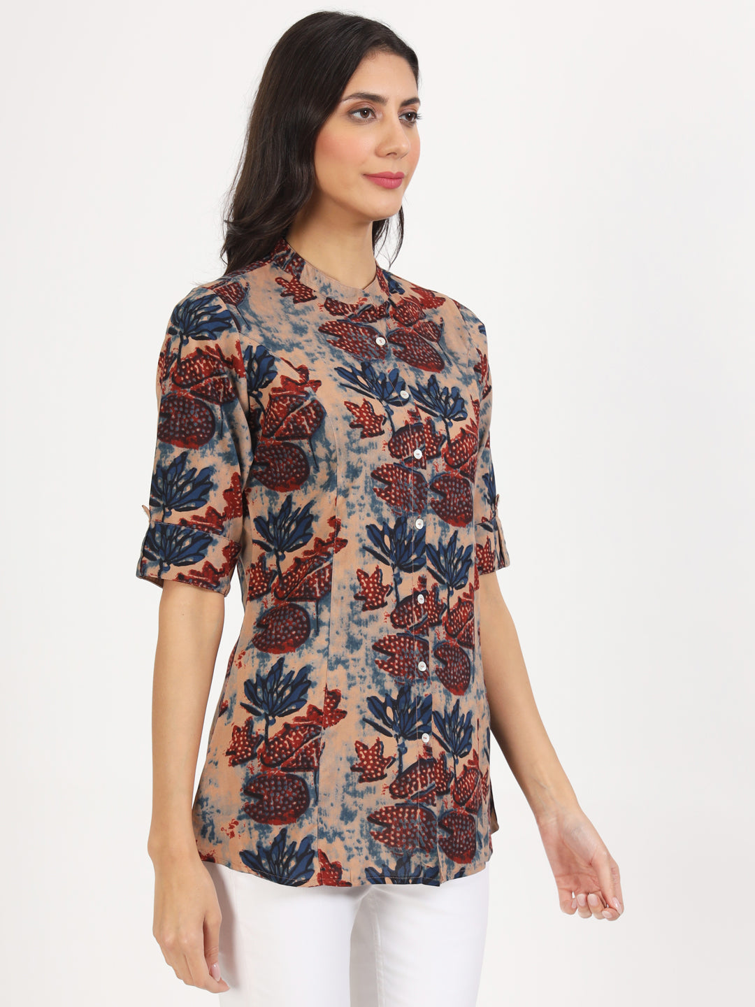 Noe Velarro Beige Multi Floral Printed Rayon Top
