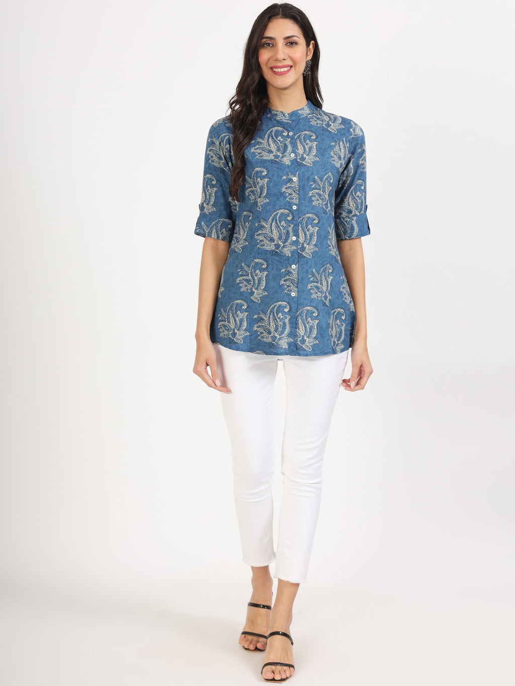 Noe Velarro Blue Floral Printed Rayon Top