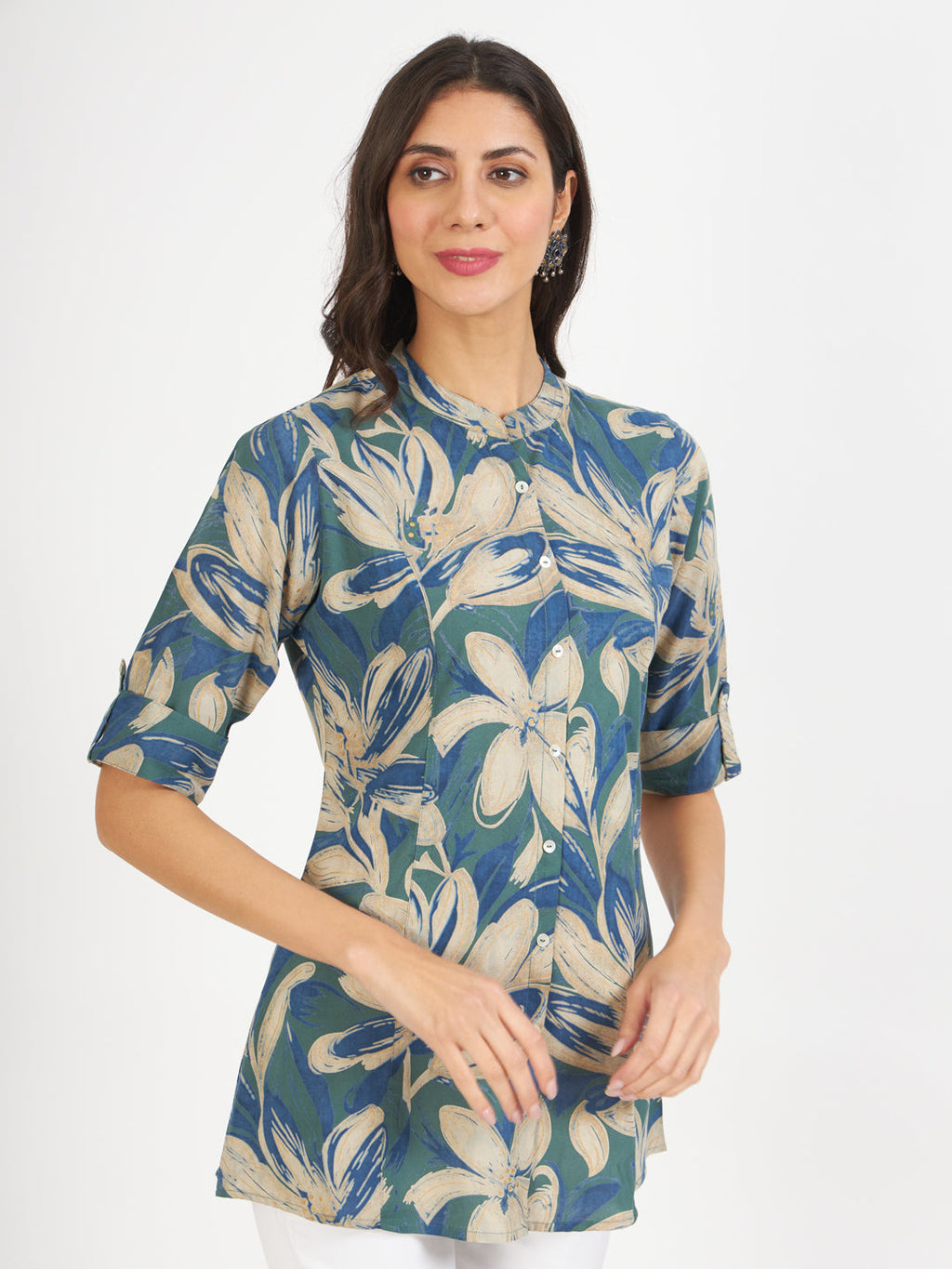 Noe Velarro Green Blue Floral Printed Rayon Top