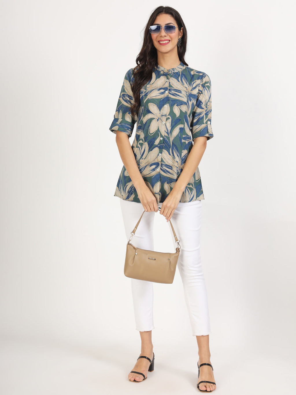 Noe Velarro Green Blue Floral Printed Rayon Top