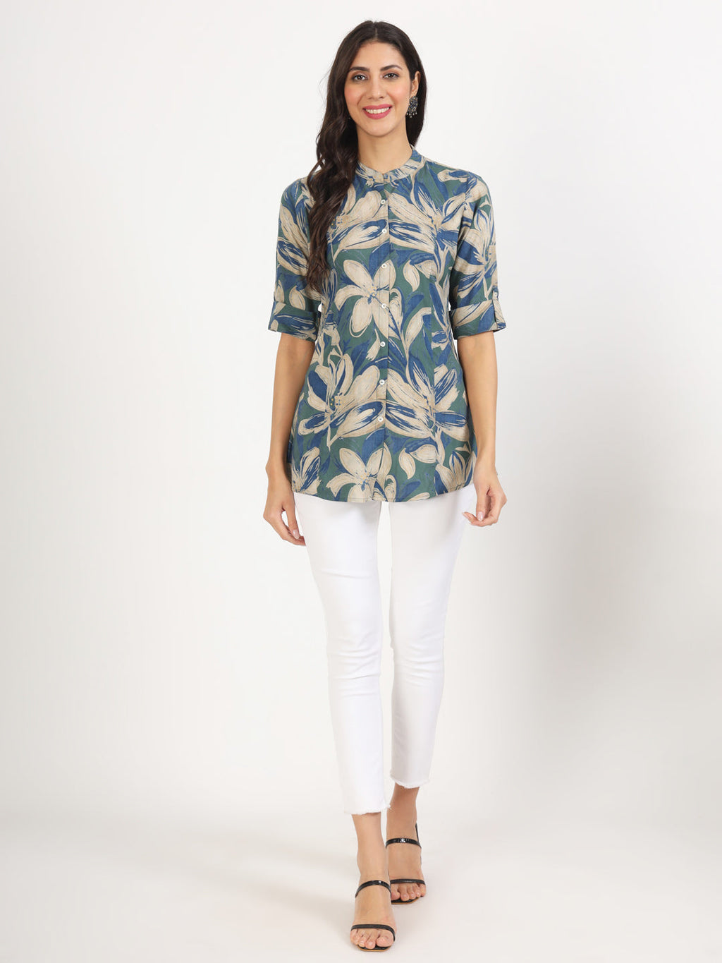 Noe Velarro Green Blue Floral Printed Rayon Top