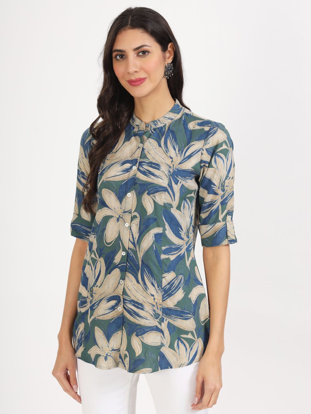 Noe Velarro Green Blue Floral Printed Rayon Top