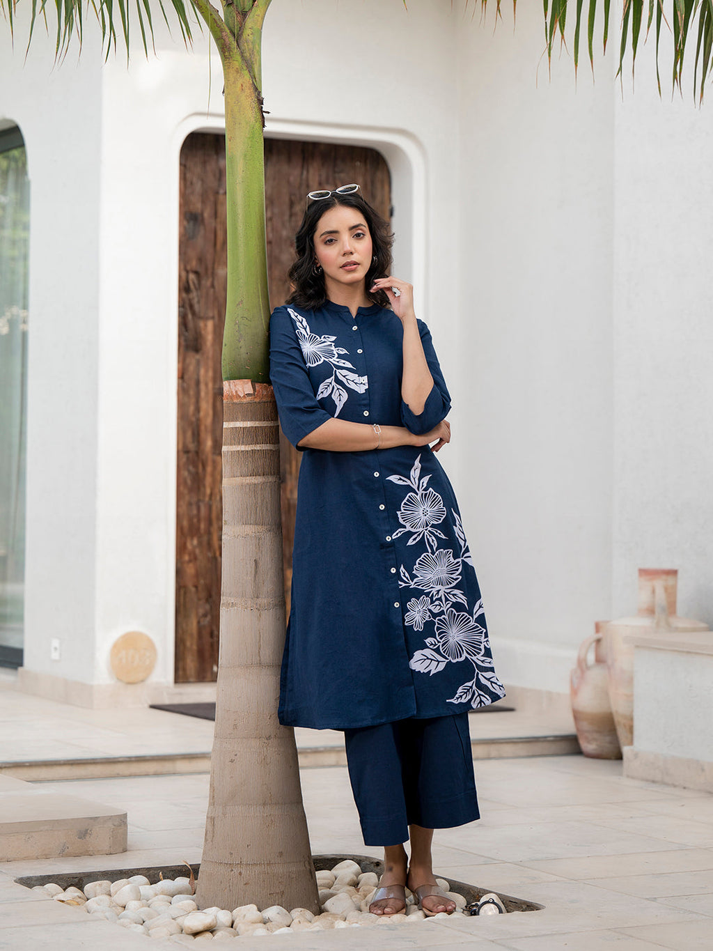 Noe Velarro Navy Blue Floral Printed Cotton A-line Fit Kurta Pant Set