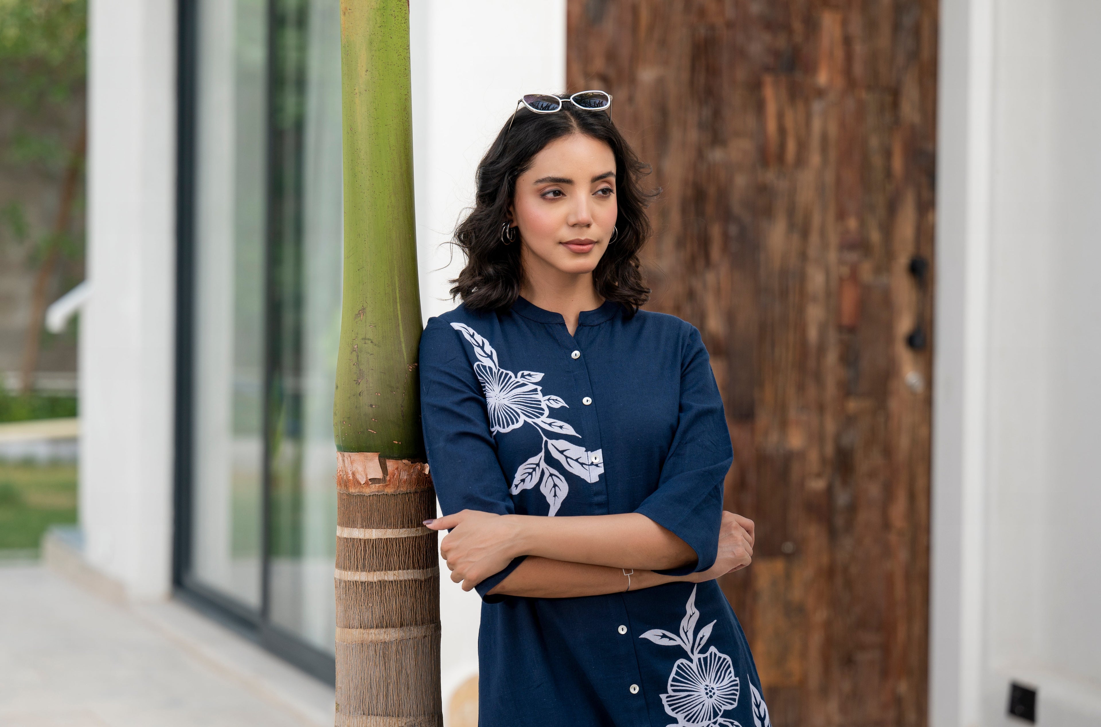 Noe Velarro Navy Blue Floral Printed Cotton A-line Fit Kurta Pant Set