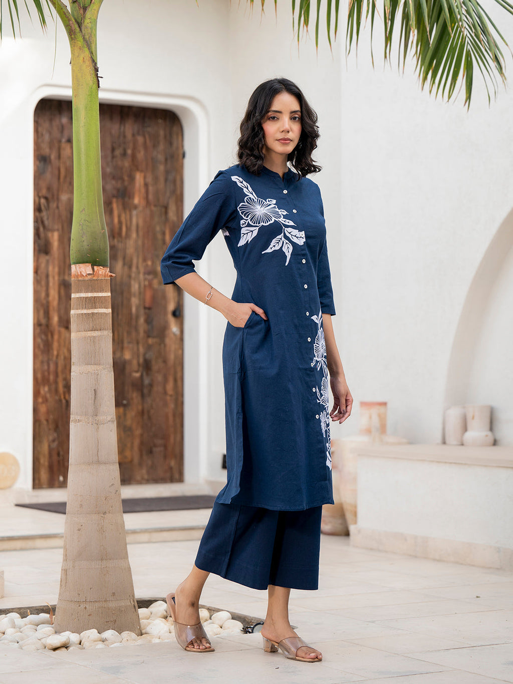 Noe Velarro Navy Blue Floral Printed Cotton A-line Fit Kurta Pant Set