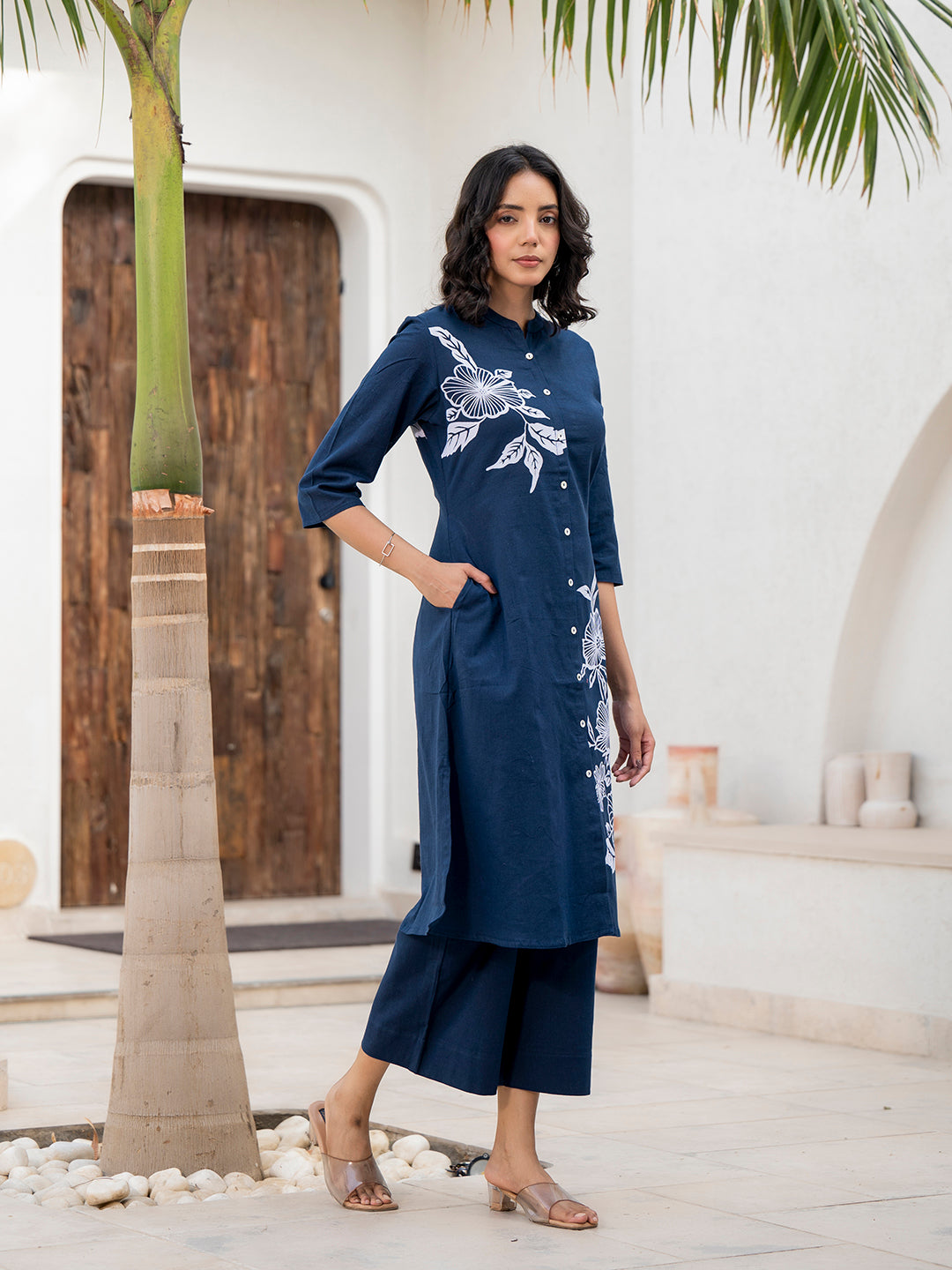 Noe Velarro Navy Blue Floral Printed Cotton A-line Fit Kurta Pant Set