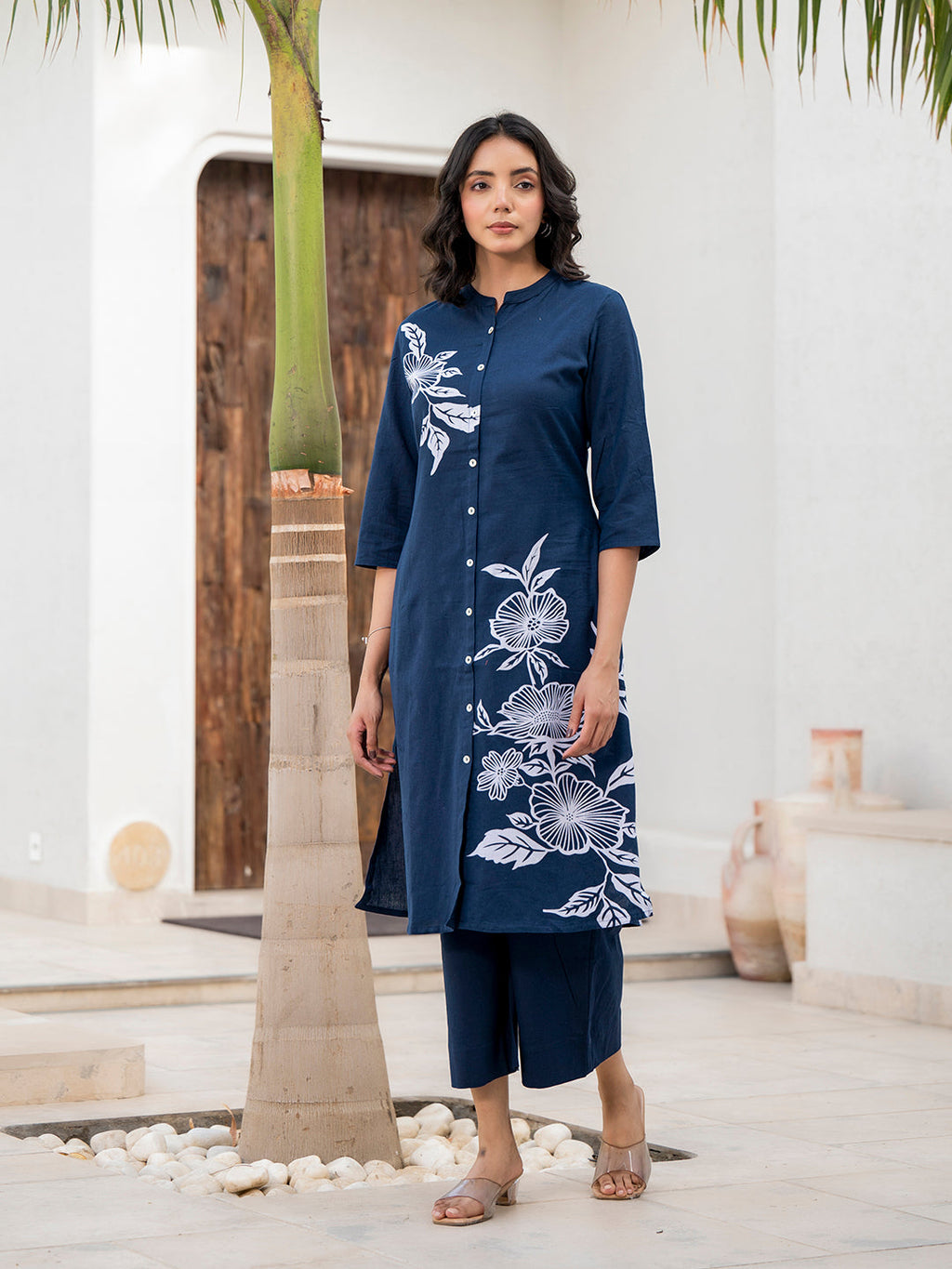 Noe Velarro Navy Blue Floral Printed Cotton A-line Fit Kurta Pant Set