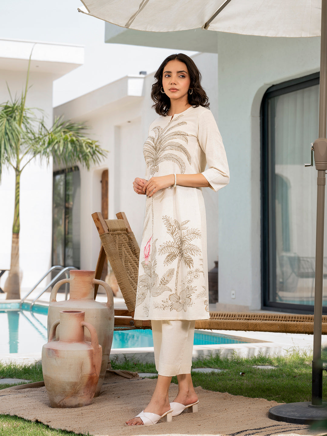 Noe Velarro Offwhite  Floral Printed Cotton A-line Fit Kurta Pant Set