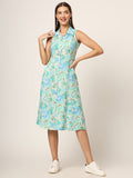Noe Velarro Green Floral Print A-Line Midi Dress