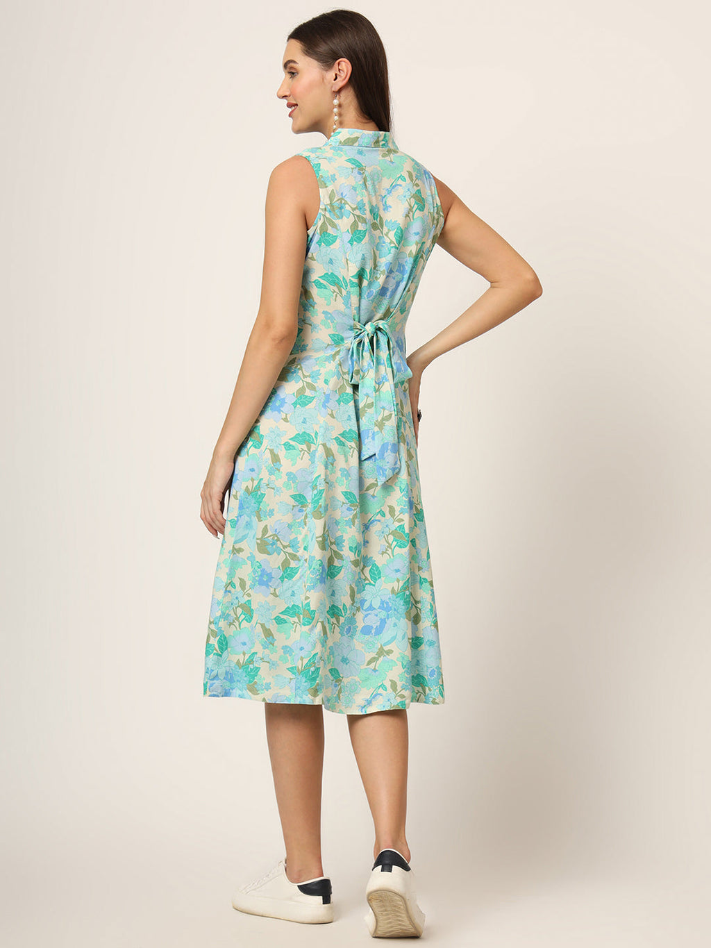 Noe Velarro Green Floral Print A-Line Midi Dress