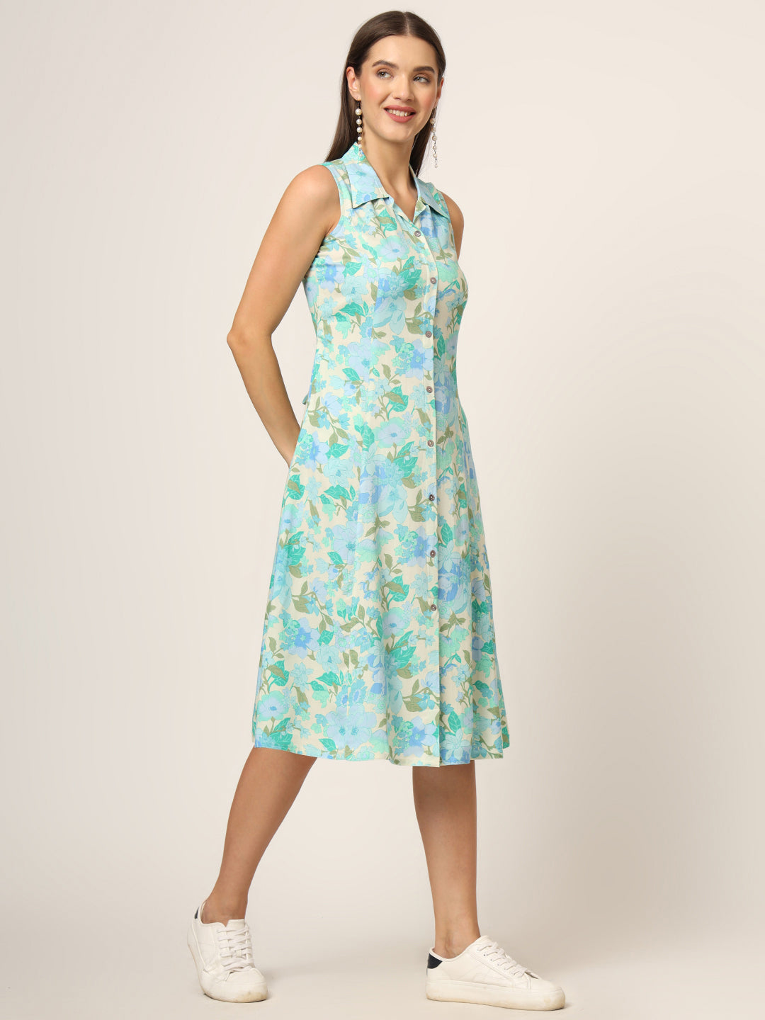 Noe Velarro Green Floral Print A-Line Midi Dress