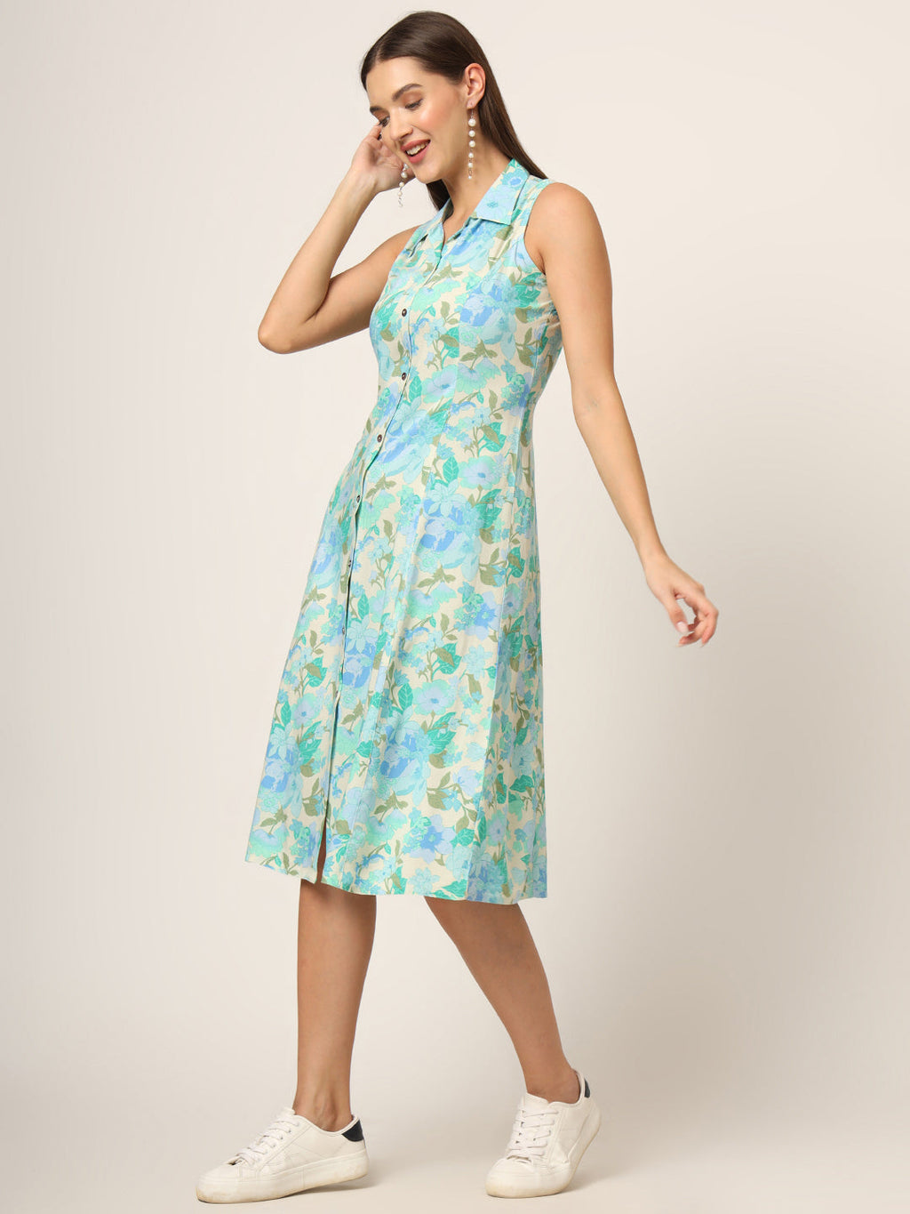 Noe Velarro Green Floral Print A-Line Midi Dress