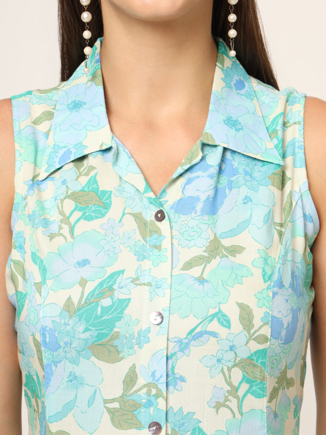 Noe Velarro Green Floral Print A-Line Midi Dress