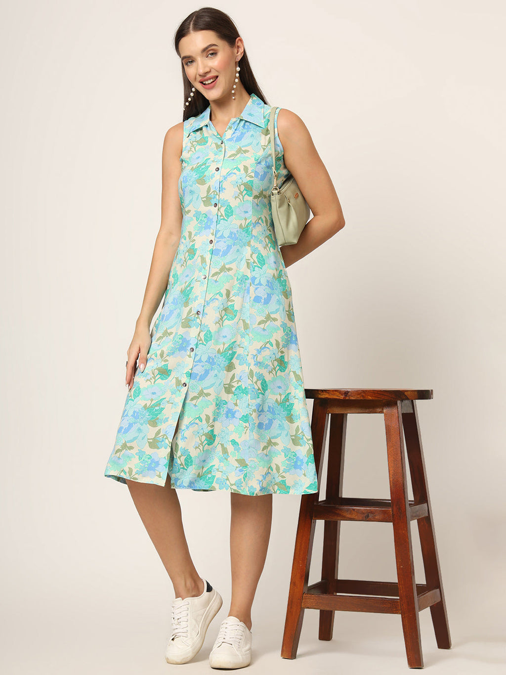Noe Velarro Green Floral Print A-Line Midi Dress