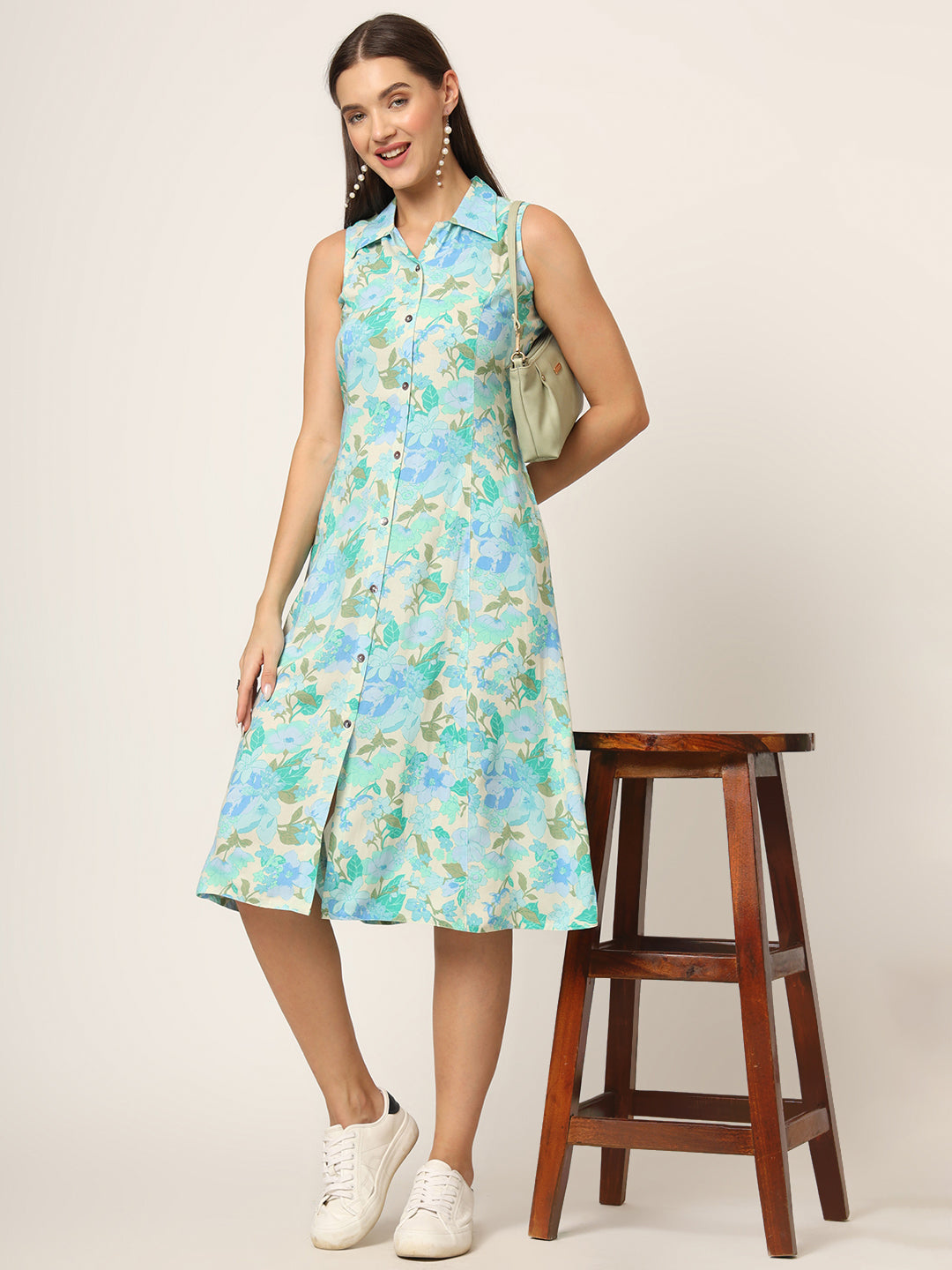 Noe Velarro Green Floral Print A-Line Midi Dress