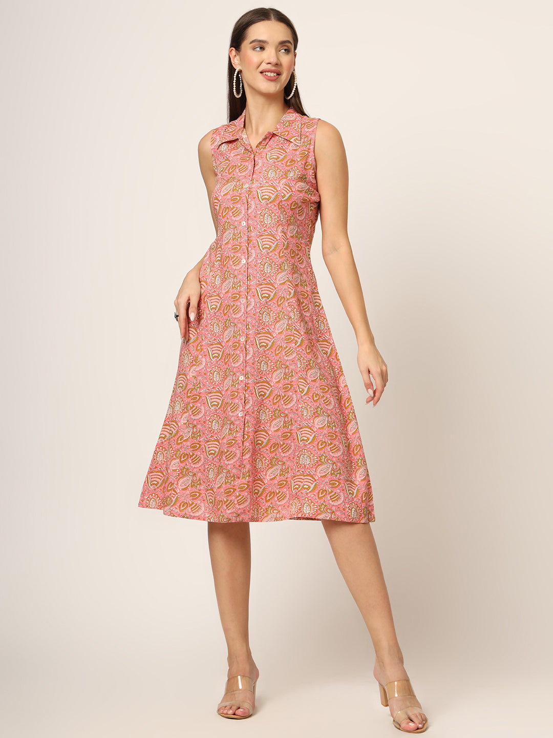 Noe Velarro Pink Floral Print A-Line Midi Dress