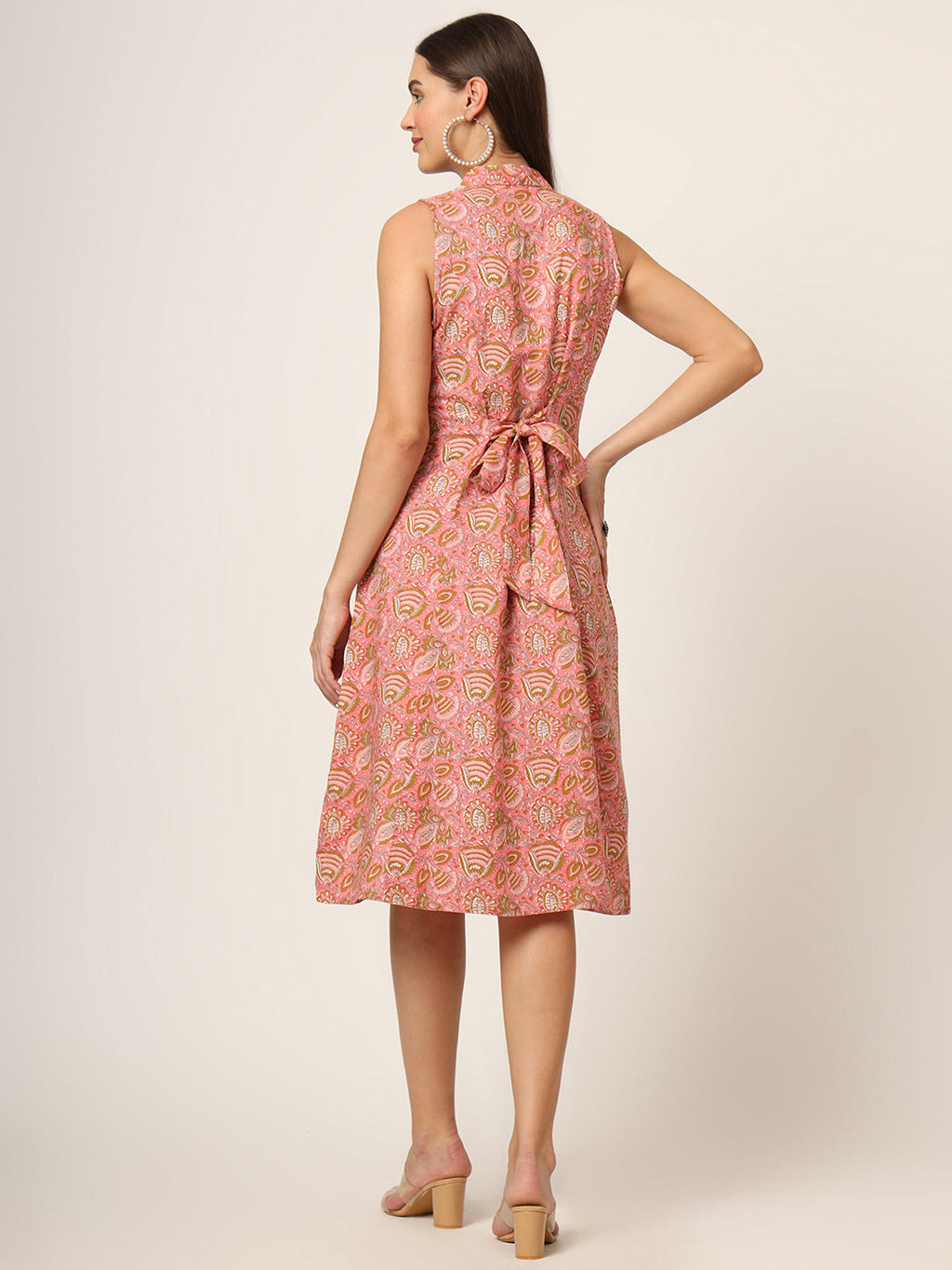 Noe Velarro Pink Floral Print A-Line Midi Dress