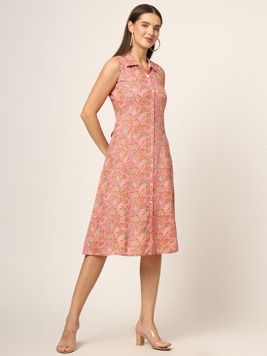 Noe Velarro Pink Floral Print A-Line Midi Dress