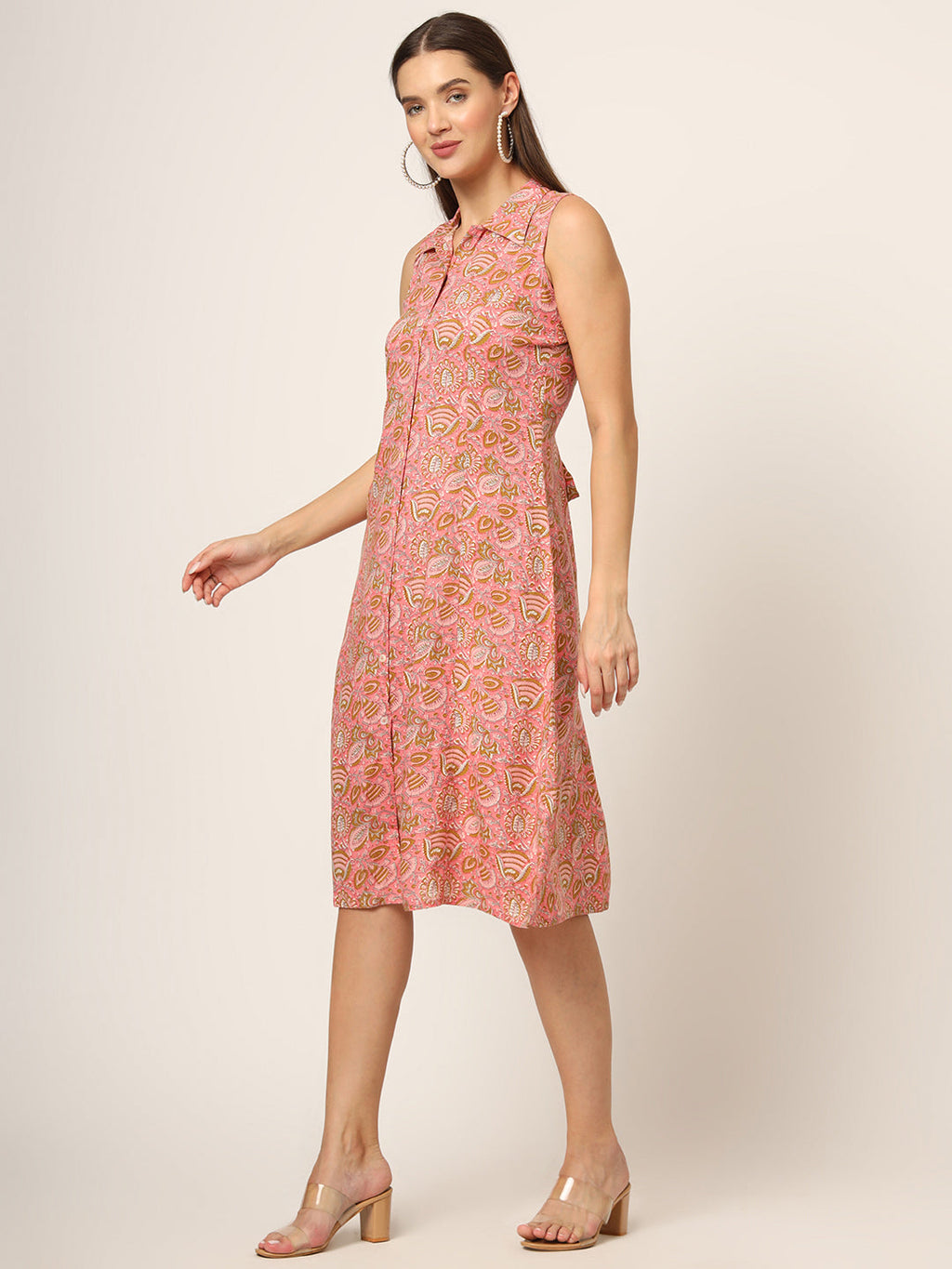 Noe Velarro Pink Floral Print A-Line Midi Dress